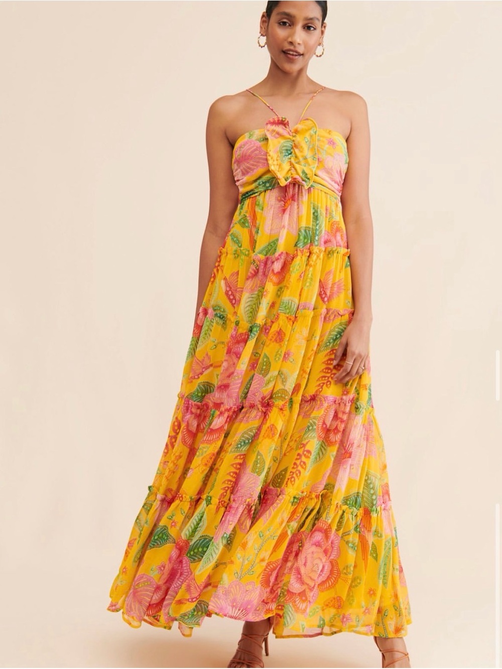 FARM Rio Yellow Floral Tiered Maxi Dress with Pink & Green Accents